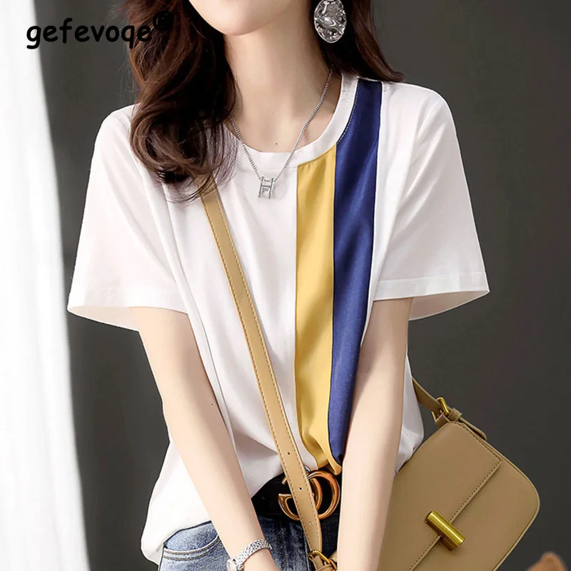 Pure Cotton Short Sleeved T-shirt for Women Summer Clothes Fashion Crew Neck Shoulder Stitching Contrasting Colors Pullover Tops
Pure Cotton Short Sleeved T-shirt for Women Summer Clothes Fashion Crew Neck Shoulder Stitching Contrasting Colors Pullover Tops