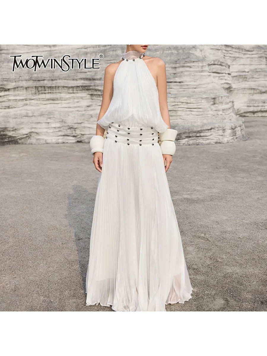 TWOTWINSTYLE Patchwork Pleated Dresses for Women Stand Collar Sleeveless High Waist Loose Solid S Line Dress Female Fashion New
TWOTWINSTYLE Patchwork Pleated Dresses for Women Stand Collar Sleeveless High Waist Loose Solid S Line Dress Female Fashion New