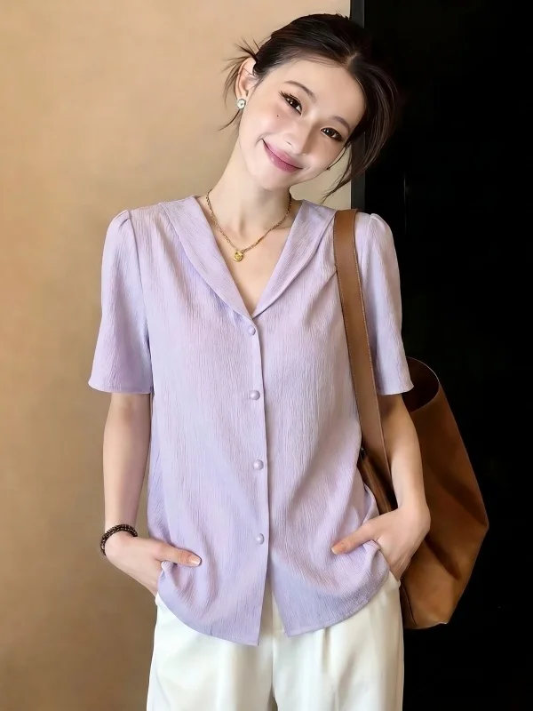 Slimming plus Size Women's Purple V-Neck Short Sleeve Shirt Shoulder-Length Design Casual Comfortable Korean Style Top
Slimming plus Size Women's Purple V-Neck Short Sleeve Shirt Shoulder-Length Design Casual Comfortable Korean Style Top