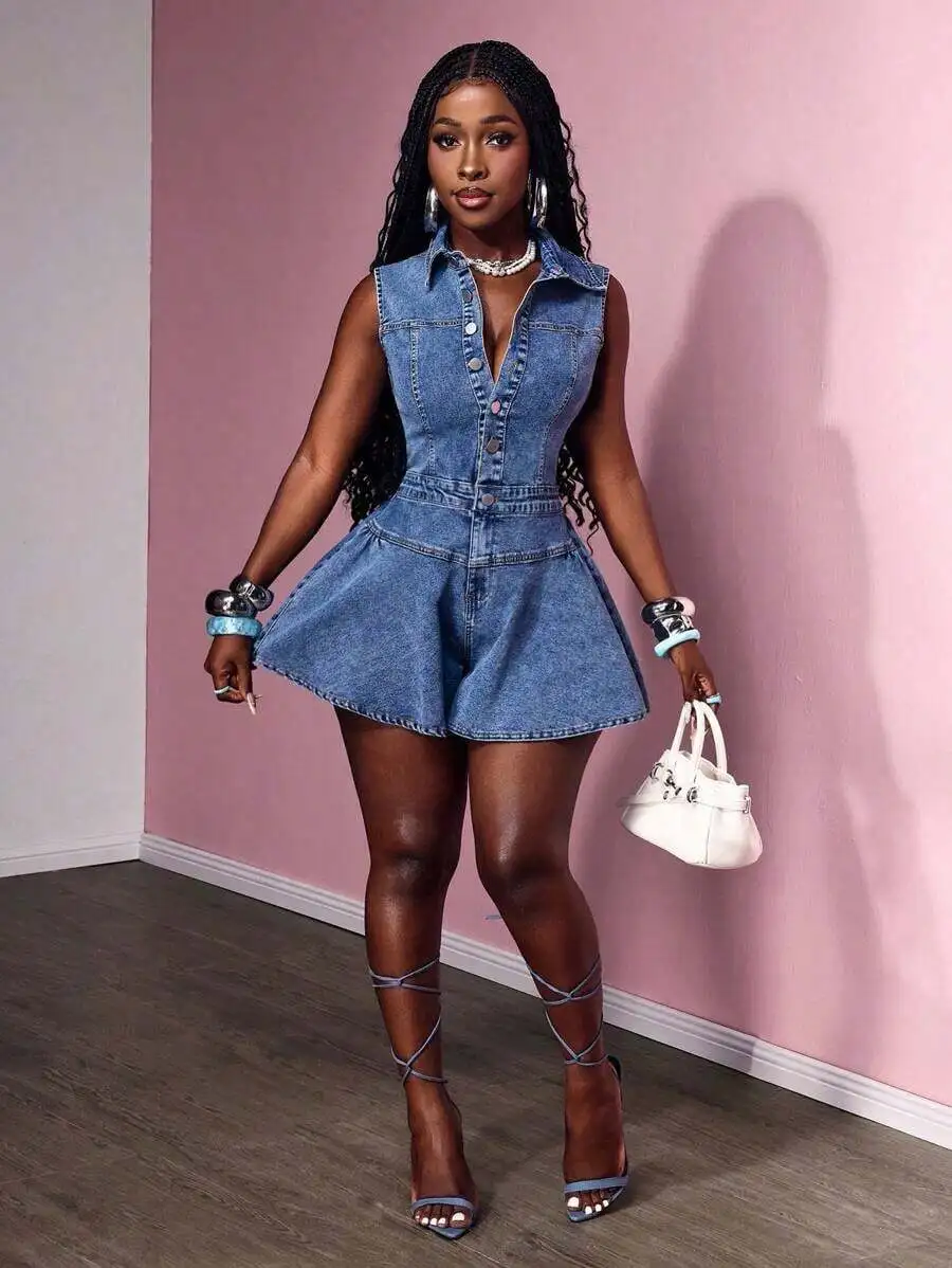 Womens Denim Romper With Button Front And Flared Skirt
Womens Denim Romper With Button Front And Flared Skirt