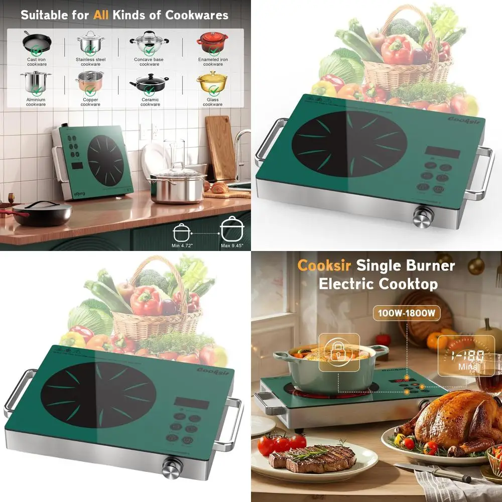 Portable 110V 1800W Electric Cooktop - One Burner Hot Plate with Timer, Child Lock for Home, Camping, and RV Use (Green)