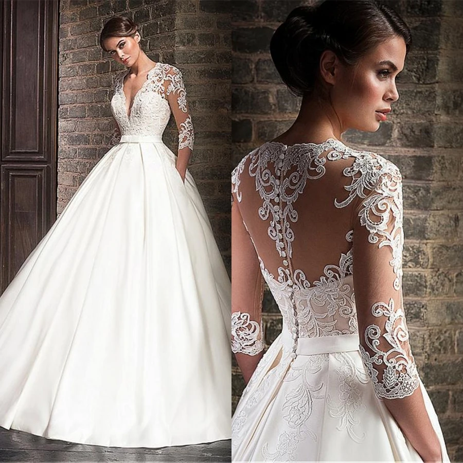 Arabic Women Wedding Gowns Luxury V-neck Satin With Lace Wedding Dresses 3/4 Sleeve Bride Dress With Pocket vestido noiva
Arabic Women Wedding Gowns Luxury V-neck Satin With Lace Wedding Dresses 3/4 Sleeve Bride Dress With Pocket vestido noiva