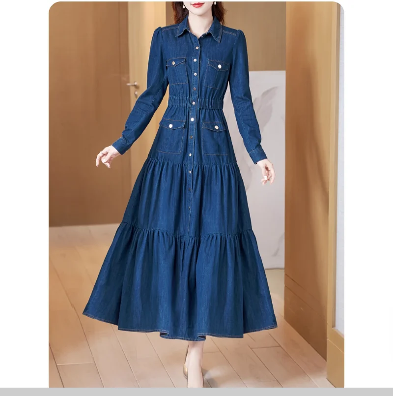 Spring and Autumn Long Denim Dress with a cinched waist for slimming and a large swing long skirt
Spring and Autumn Long Denim Dress with a cinched waist for slimming and a large swing long skirt