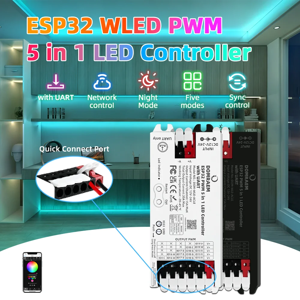DOMRAEM WLED PWM 5-in-1 Smart Controller with UART for DIY Programming ESP32 for RGB RGBCCT LED Strip Works with Alexa Google HA
DOMRAEM WLED PWM 5-in-1 Smart Controller with UART for DIY Programming ESP32 for RGB RGBCCT LED Strip Works with Alexa Google HA