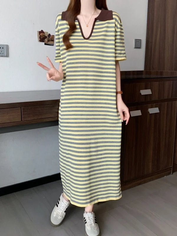 Casual Summer Stripe Knitted Dress Collar Slimming Belly Covering Maxi Dress Breathable Lightweight Short Sleeve Long Dress
Casual Summer Stripe Knitted Dress Collar Slimming Belly Covering Maxi Dress Breathable Lightweight Short Sleeve Long Dress
