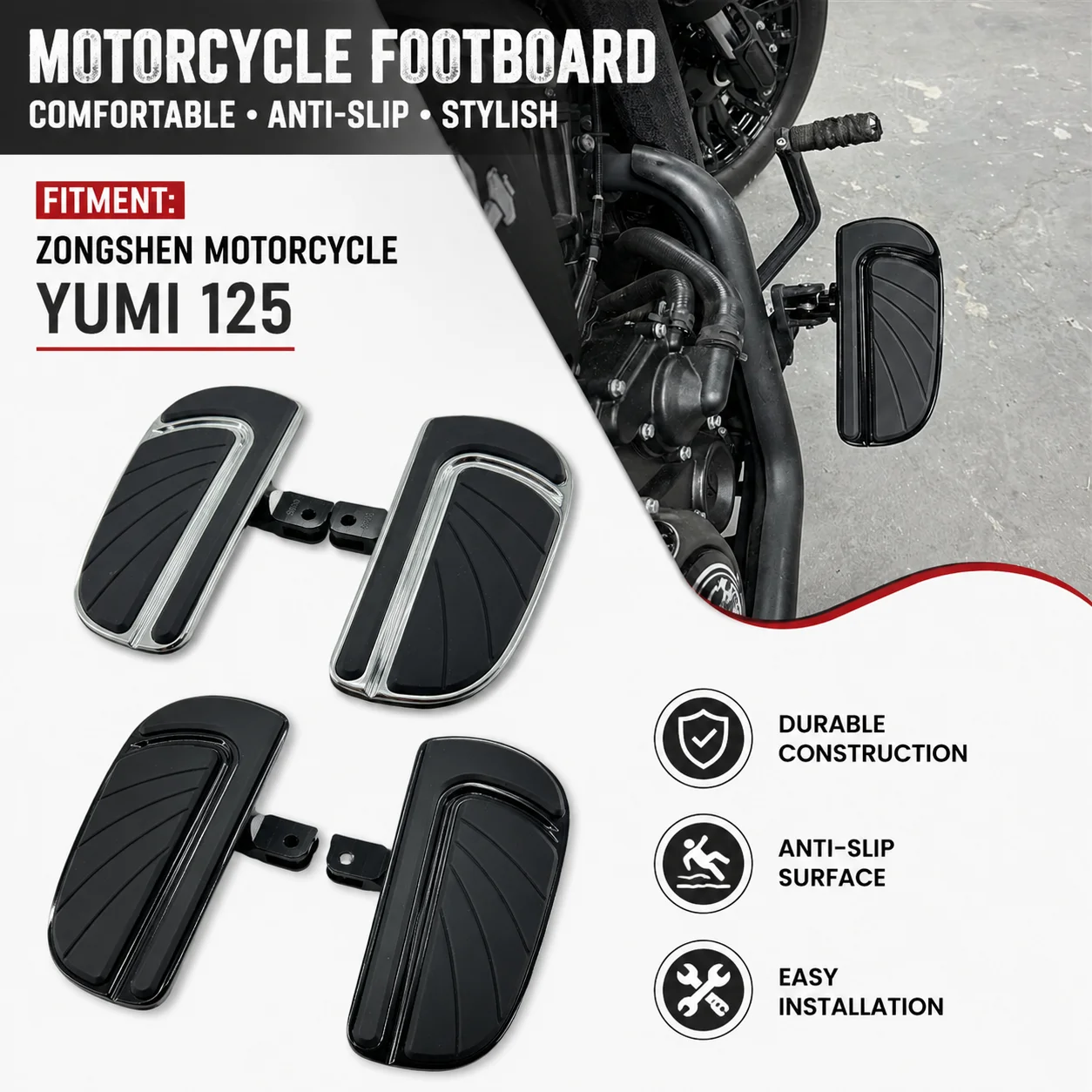 Suitable for Zongshen Yomi 125 modified enlarged footpegs, retro widened anti-slip front footrest for cruiser motorcycles
Suitable for Zongshen Yomi 125 modified enlarged footpegs, retro widened anti-slip front footrest for cruiser motorcycles