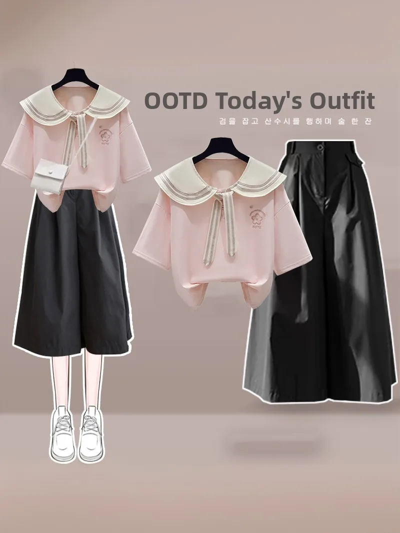 Summer College Style Set New 2026 Short Sleeve Navy Collar Seven Inch Pants Skirt Fashionable Two Piece Set for Young Girls
Summer College Style Set New 2026 Short Sleeve Navy Collar Seven Inch Pants Skirt Fashionable Two Piece Set for Young Girls