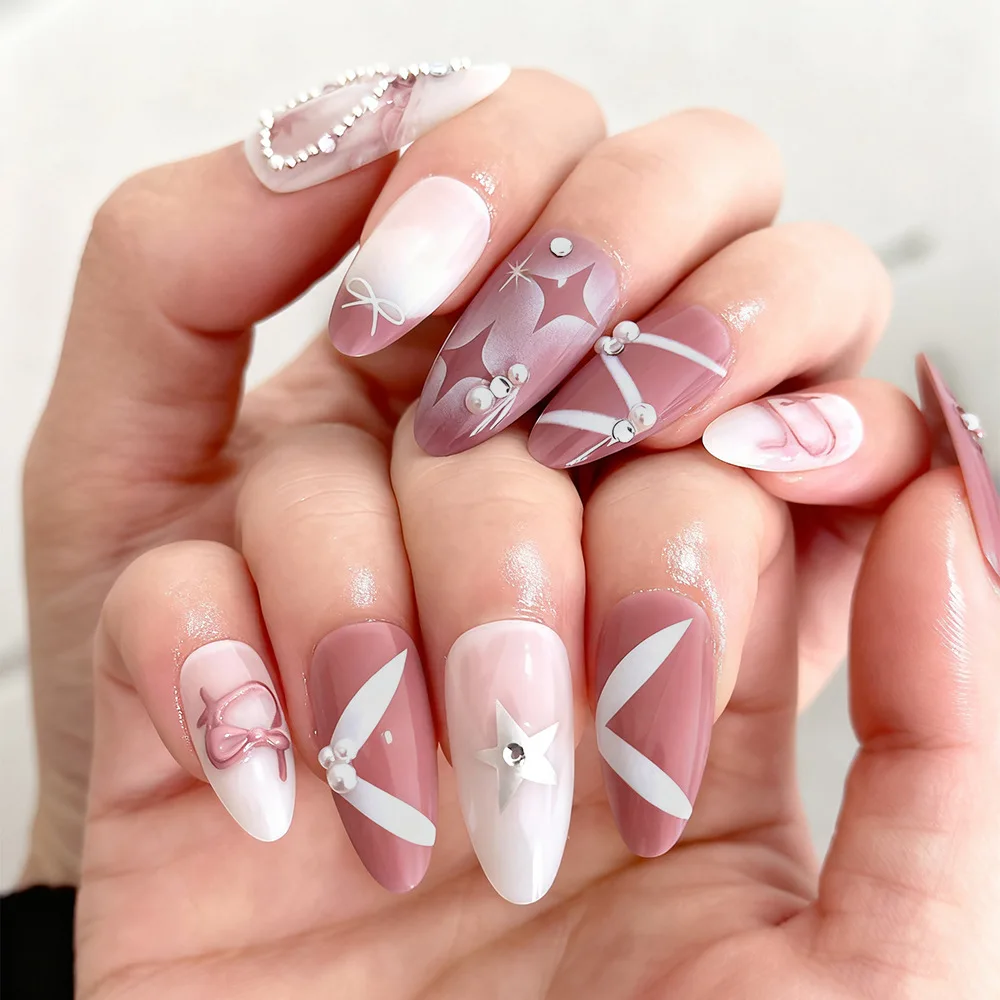 24pcs Heart & Star Rhinestone Press-On Nails with 3D Bows & Pearls, Long Almond Shape, Assorted Sizes
24pcs Heart & Star Rhinestone Press-On Nails with 3D Bows & Pearls, Long Almond Shape, Assorted Sizes