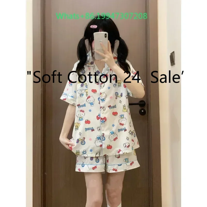 Summer new white lapel cute cartoon hellokitty cat pajamas women's short-sleeved shorts homewear suit outside
Summer new white lapel cute cartoon hellokitty cat pajamas women's short-sleeved shorts homewear suit outside