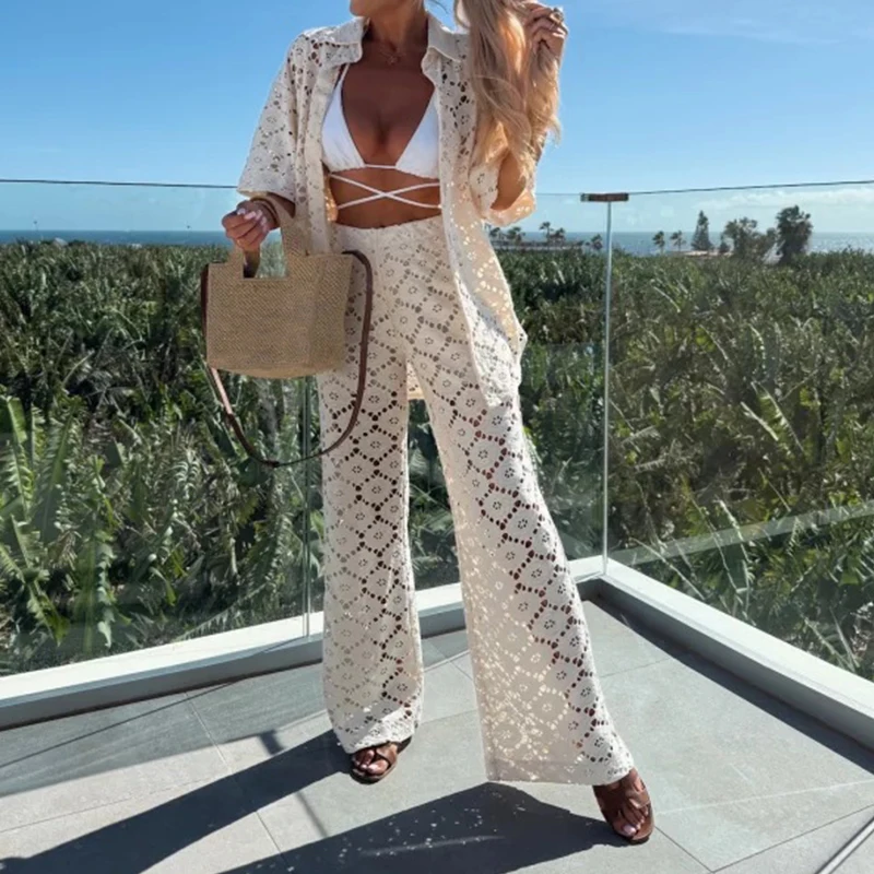 Sexy Embroidery Hollow Out Shirt Outfits Elegant Lapel Button Top & Long Pant Suit Women Casual Short Sleeve Solid Loose 2Pc Set
Sexy Embroidery Hollow Out Shirt Outfits Elegant Lapel Button Top & Long Pant Suit Women Casual Short Sleeve Solid Loose 2Pc Set