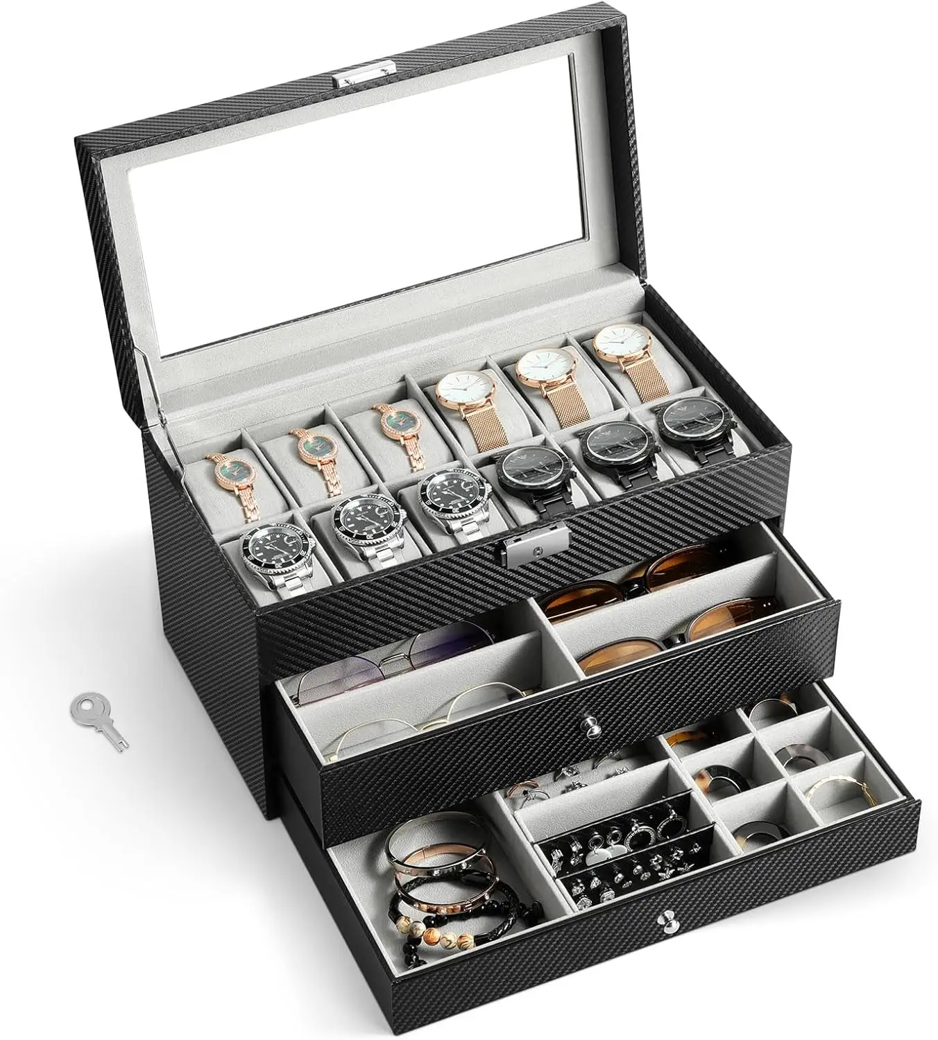 Watch Box Organizer, 3-Layer Lockable Jewelry Case with Glass Lid for Watches, Sunglasses, Rings, Cufflinks – Black
Watch Box Organizer, 3-Layer Lockable Jewelry Case with Glass Lid for Watches, Sunglasses, Rings, Cufflinks – Black