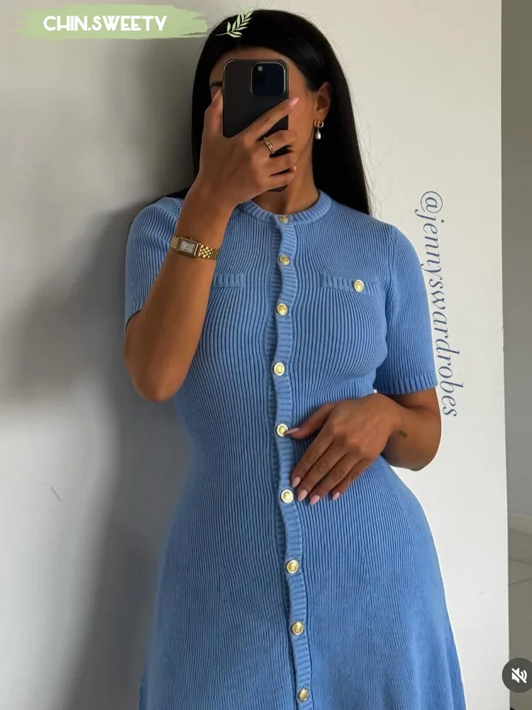Solid Knitted Single Breasted Mini Dress Women Sexy Round Neck Short Sleeved Waist Cinched Long Dresses 2025 New Summer Vestidos
Solid Knitted Single Breasted Mini Dress Women Sexy Round Neck Short Sleeved Waist Cinched Long Dresses 2025 New Summer Vestidos