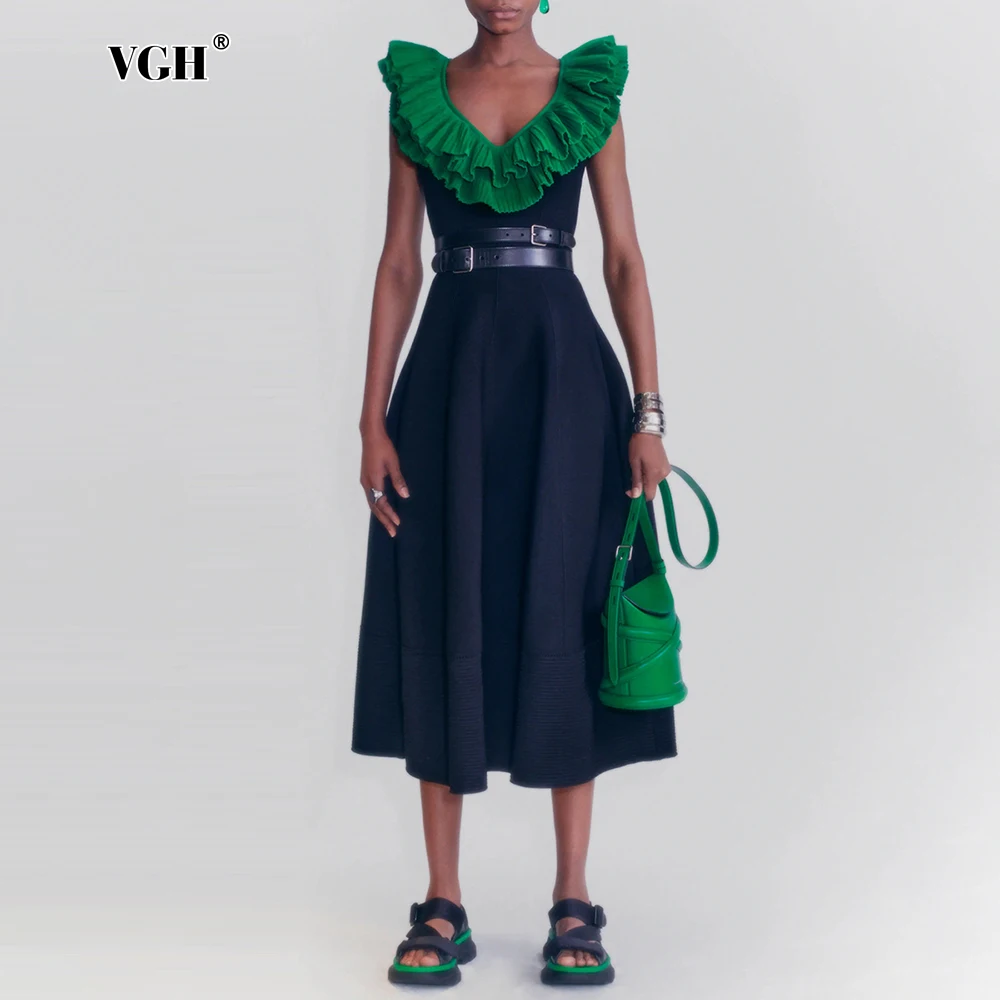 VGH Hit Color Spliced Fungus Edge Dress for Women V Neck Sleeveless High Waist Patchwork Belt Elegant A Line Mid Dresses Female
VGH Hit Color Spliced Fungus Edge Dress for Women V Neck Sleeveless High Waist Patchwork Belt Elegant A Line Mid Dresses Female
