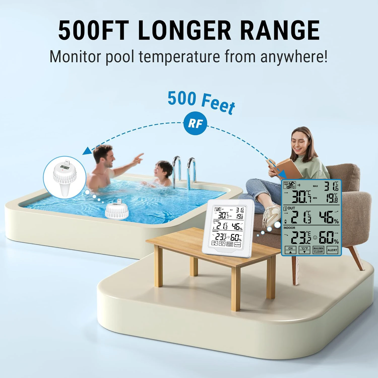 Cordless Digital Pool Thermometer Hygrometer Remote Signal Connection Max Min Record Temperature Alert for Pool Spa Home Use
Cordless Digital Pool Thermometer Hygrometer Remote Signal Connection Max Min Record Temperature Alert for Pool Spa Home Use