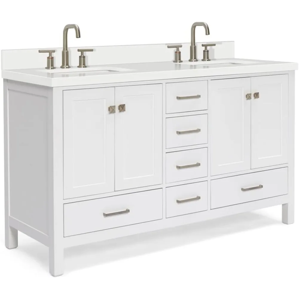 61" Double Bathroom Vanity with Sink, 1.5" Edge Pure White Quartz Countertop & Backsplash, Rectangular Sinks, Bathroom Cabinets
61" Double Bathroom Vanity with Sink, 1.5" Edge Pure White Quartz Countertop & Backsplash, Rectangular Sinks, Bathroom Cabinets