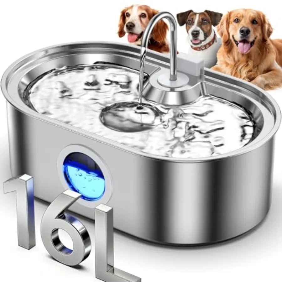 Large dog water fountain, stainless steel, silver, 4.2Gal/16L capacity with multi-filtration, deeper tray, water window LED, ul
Large dog water fountain, stainless steel, silver, 4.2Gal/16L capacity with multi-filtration, deeper tray, water window LED, ul