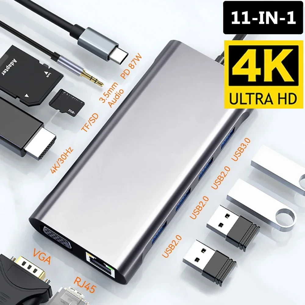 USB C Hub 11 In 1 Type C 4K Adapter with RJ45 SD/TF Card Reader PD Fast Charge Docking Station for Laptop Computer
USB C Hub 11 In 1 Type C 4K Adapter with RJ45 SD/TF Card Reader PD Fast Charge Docking Station for Laptop Computer