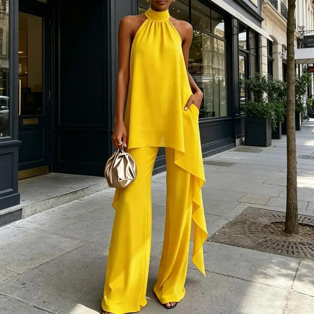 Elegant Two Piece Set Women Halter Neck Asymmetrical Chiffon Top Wide Leg Pants Casual Loose Office Outfit платье женское летнее
Elegant Two Piece Set Women Halter Neck Asymmetrical Chiffon Top Wide Leg Pants Casual Loose Office Outfit платье женское летнее