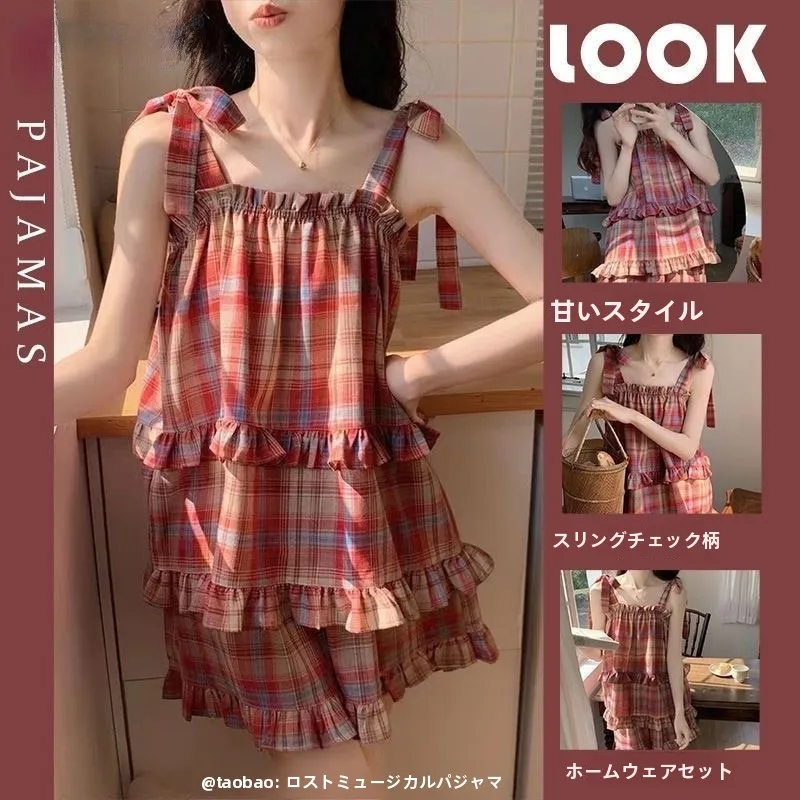 Korean Style Plaid Sleepwear Women's Summer Strap Shorts Soft Home Clothes Set Sweet Cute Style Short Sleeve round Neck
Korean Style Plaid Sleepwear Women's Summer Strap Shorts Soft Home Clothes Set Sweet Cute Style Short Sleeve round Neck