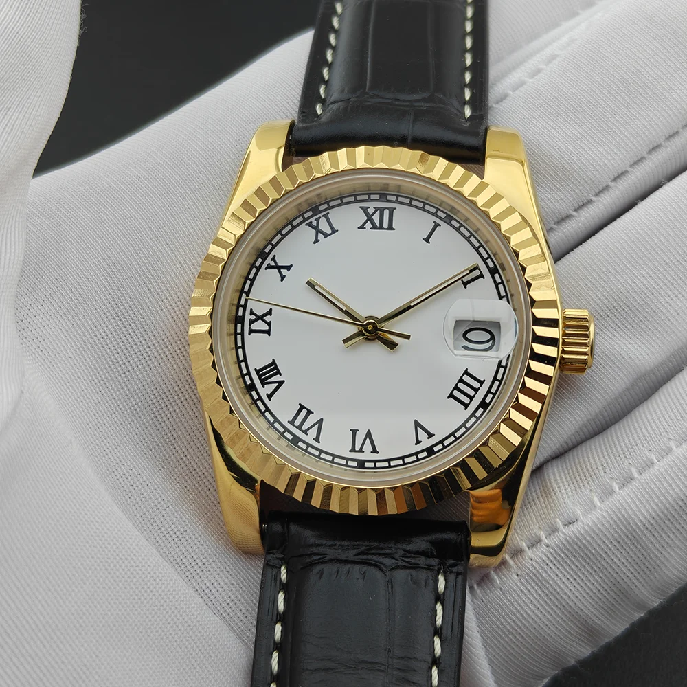 Men Gold Fluted Bezel Auto Watch Roman Dial Date Black Leather Strap Waterproof Business Gentleman Daily Male Casual Wristwatch
Men Gold Fluted Bezel Auto Watch Roman Dial Date Black Leather Strap Waterproof Business Gentleman Daily Male Casual Wristwatch