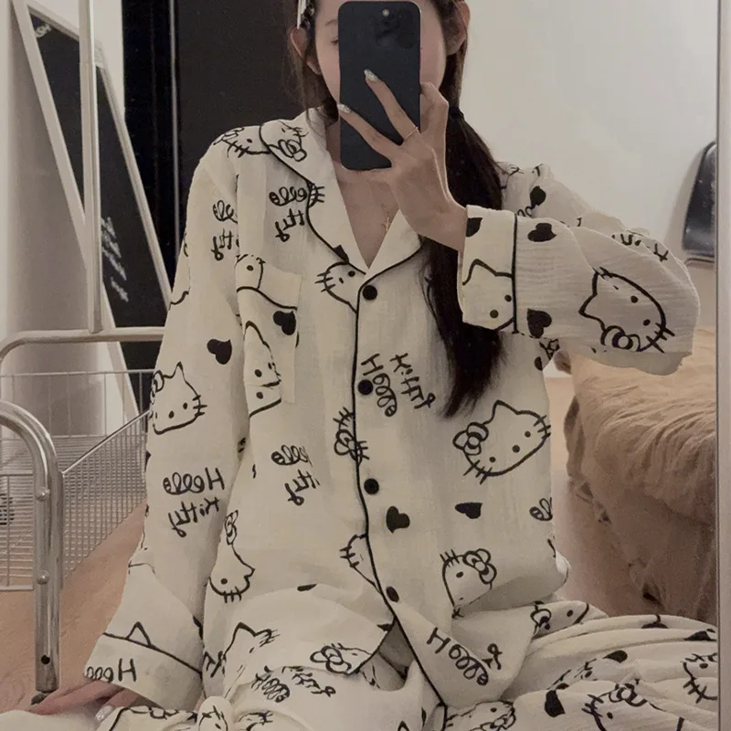 Cute Hello Kitty cartoon Print Pajama Set Women's Soft Cotton Loungewear Black Trim Top Pants fashion Comfortable Home Nightwear
Cute Hello Kitty cartoon Print Pajama Set Women's Soft Cotton Loungewear Black Trim Top Pants fashion Comfortable Home Nightwear