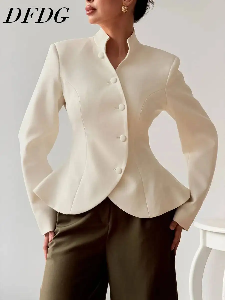 DFDG Women 2026 Spring Summer Chinese Style Blazer Mandarin Stand Collar Diagonal Button Fitted Waist Peplum Hem Office Jacket
DFDG Women 2026 Spring Summer Chinese Style Blazer Mandarin Stand Collar Diagonal Button Fitted Waist Peplum Hem Office Jacket