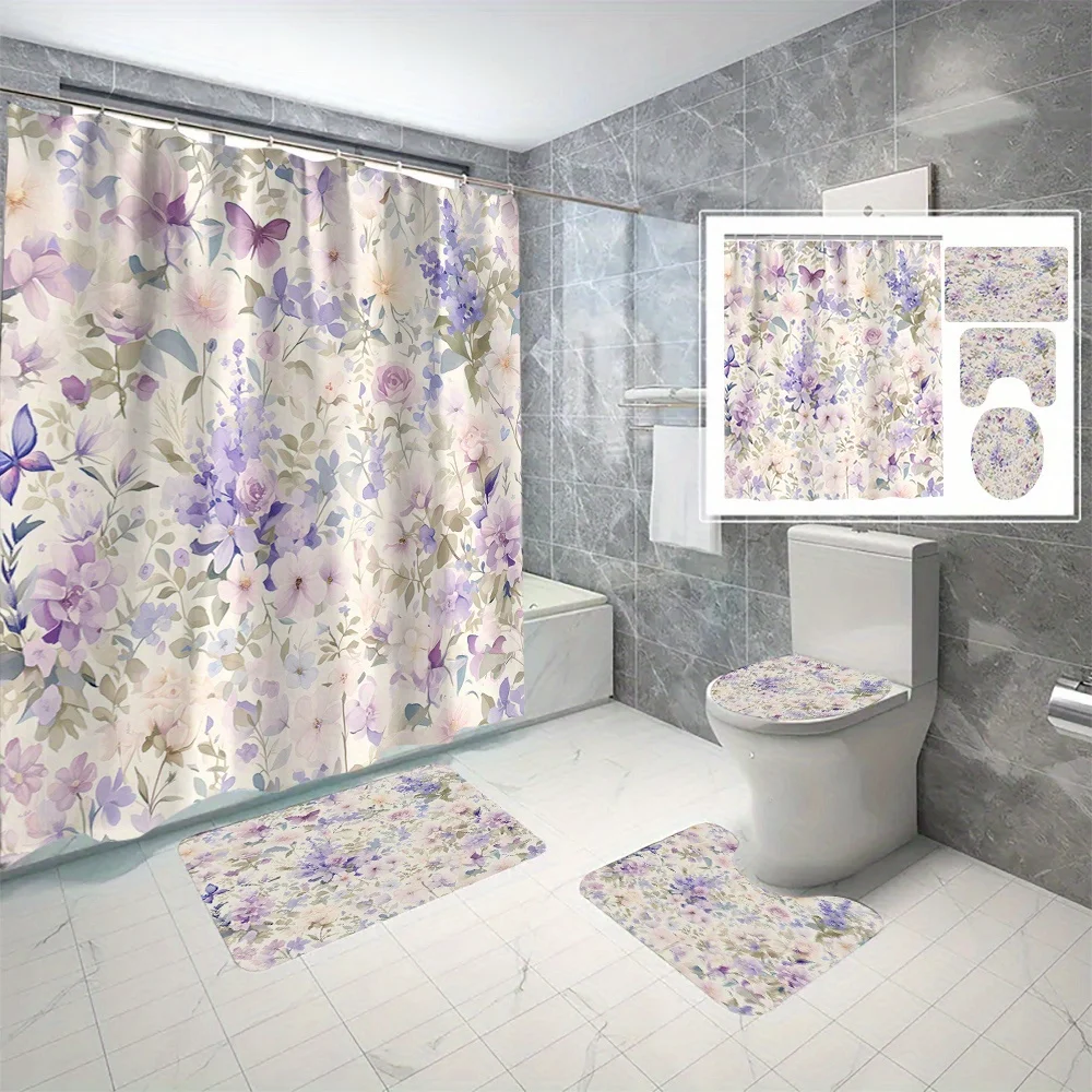 4-piece floral digital print polyester bathroom set with waterproof woven curtains, machine washable, hooks included
4-piece floral digital print polyester bathroom set with waterproof woven curtains, machine washable, hooks included