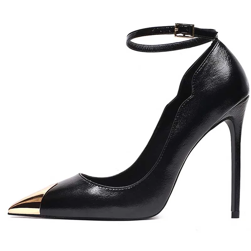 Gold metal Pointed Toe Ankle Strap Pumps Black leather Thin High Heels Single Shoes zapatos metal studs Banquet dress shoes
Gold metal Pointed Toe Ankle Strap Pumps Black leather Thin High Heels Single Shoes zapatos metal studs Banquet dress shoes