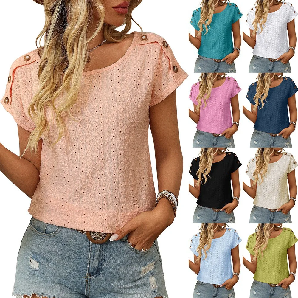 Women Blouse Short Sleeve Crop Top Cotton Polyester T Shirt Round Neck Button Detail Pastel Pink Tee Loose Fit Solid Color
Women Blouse Short Sleeve Crop Top Cotton Polyester T Shirt Round Neck Button Detail Pastel Pink Tee Loose Fit Solid Color