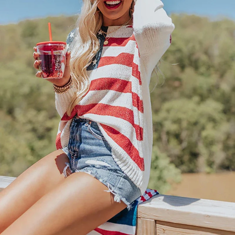 Women's 4th of July Sweater Fashionable Patriotic Stripe Stars Print Contrast Color Pullover Long Sleeve Loose Fit Knitwear Tops
Women's 4th of July Sweater Fashionable Patriotic Stripe Stars Print Contrast Color Pullover Long Sleeve Loose Fit Knitwear Tops