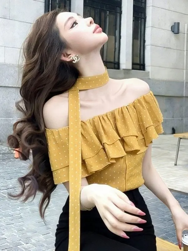 Yellow Polka Dot One Shoulder Women's Shirt Spring Season Holiday Style Versatile Lace Trimmed Casual Loose Fit Short Sleeve
Yellow Polka Dot One Shoulder Women's Shirt Spring Season Holiday Style Versatile Lace Trimmed Casual Loose Fit Short Sleeve