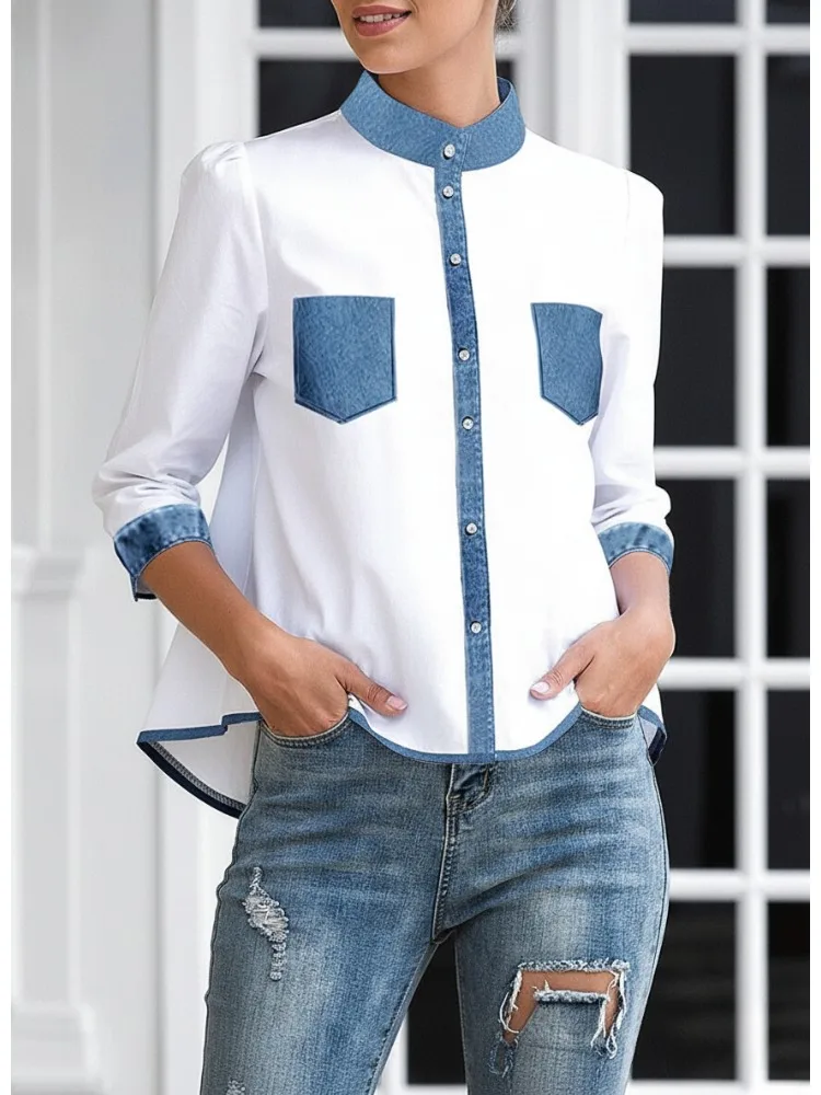 Женские модные блузки трапециевидной формы контрастного цвета, свободные повседневные рубашки с высоким и низким воротником-стойкой на пуговицах, топы
Женские модные блузки трапециевидной формы контрастного цвета, свободные повседневные рубашки с высоким и низким воротником-стойкой на пуговицах, топы