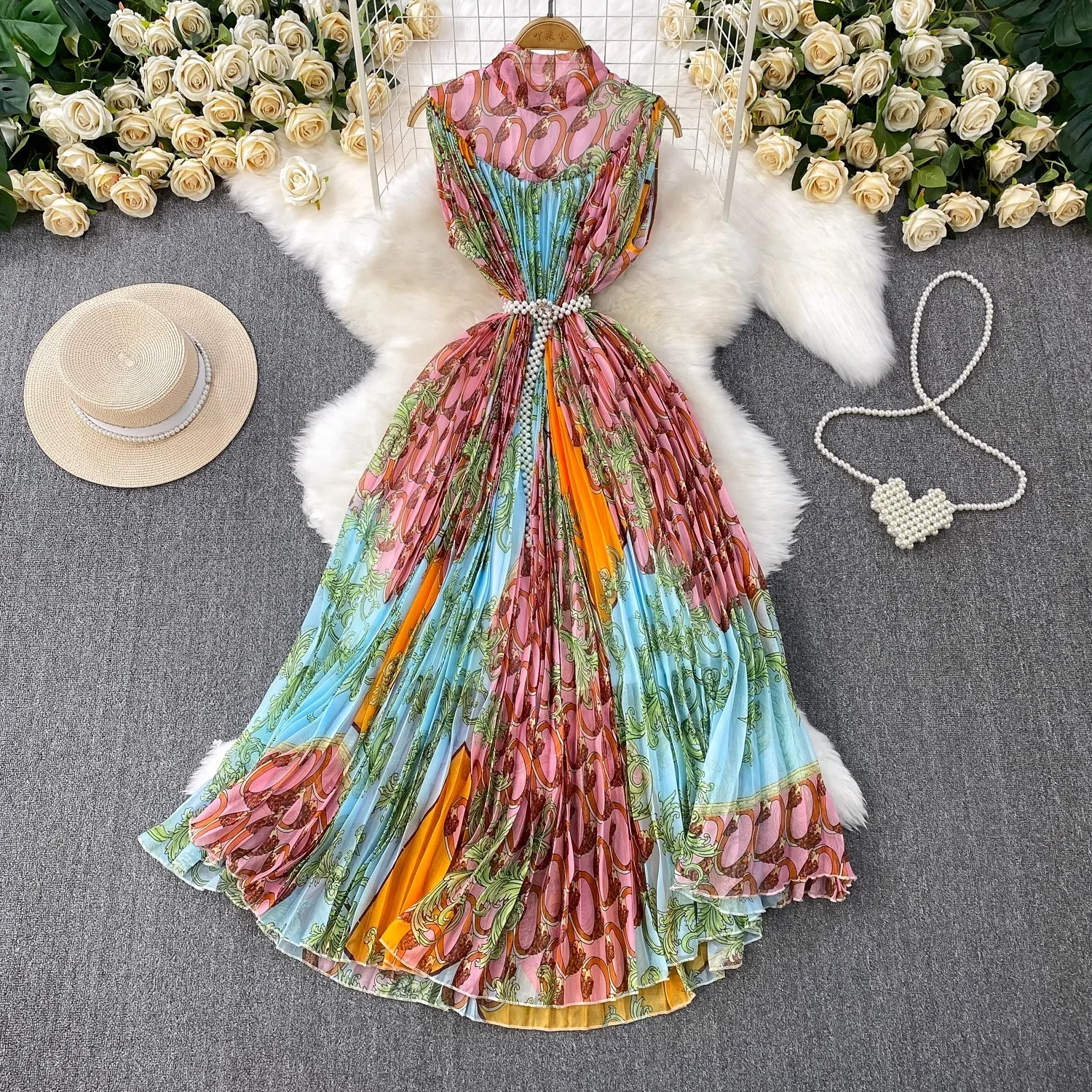 Summer Holiday Flowy Chiffon Pleated Dress For Women Stand Sleeveless Crystal Beaded Belt Oversized Loose Vacation Long Robes
Summer Holiday Flowy Chiffon Pleated Dress For Women Stand Sleeveless Crystal Beaded Belt Oversized Loose Vacation Long Robes