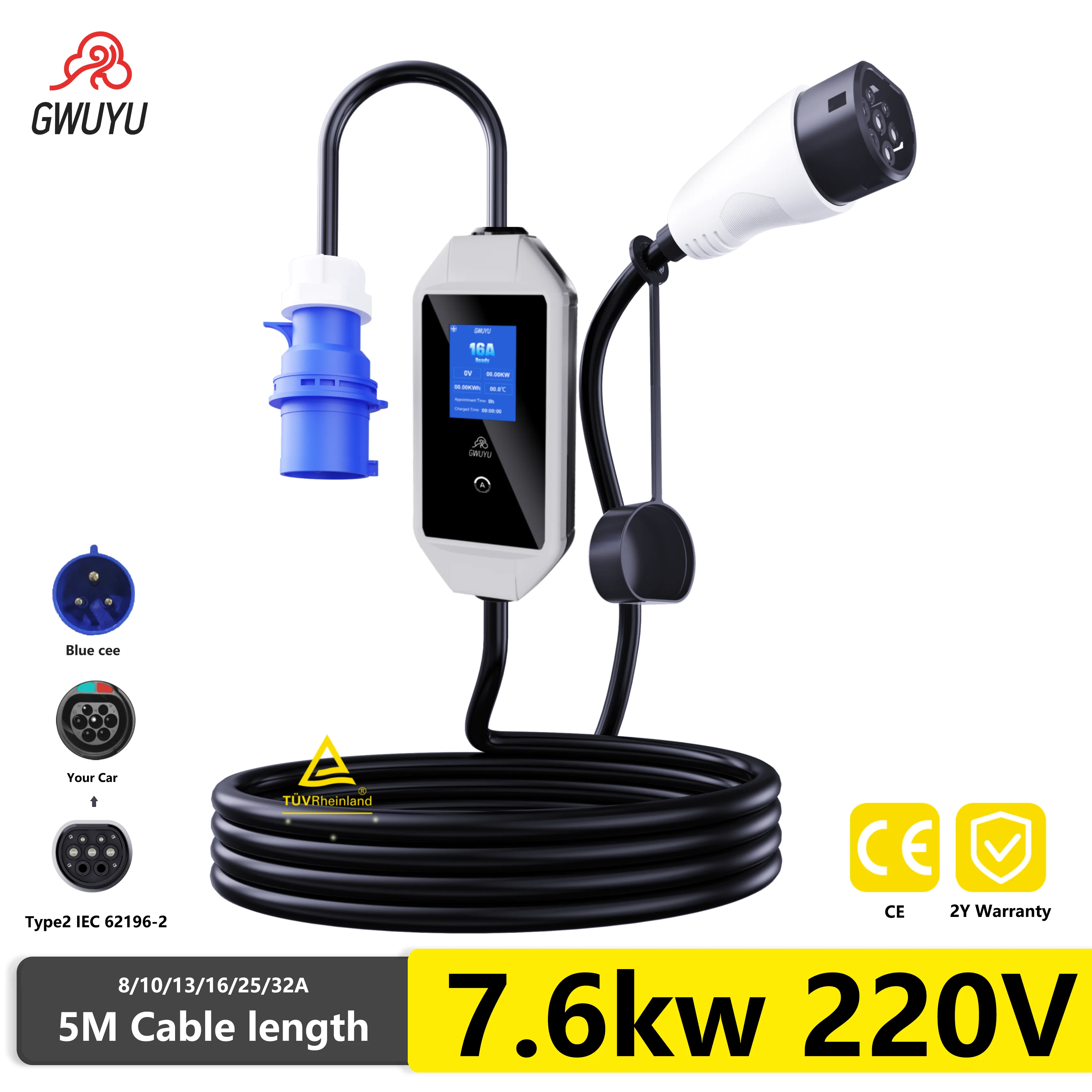Portable EV Charger 16A 3.5KW 7KW 32A 220V Electric Car Charging Station Type2 IEC 62196-2 Socket 5m Cable 2.8 Inch LED Screen
Portable EV Charger 16A 3.5KW 7KW 32A 220V Electric Car Charging Station Type2 IEC 62196-2 Socket 5m Cable 2.8 Inch LED Screen