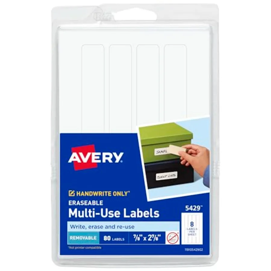 Erasable Multi-Use Removable Labels, 7/8" x 2-7/8", White, Non-Printable, 80 Blank Labels Total 5429
Erasable Multi-Use Removable Labels, 7/8" x 2-7/8", White, Non-Printable, 80 Blank Labels Total 5429