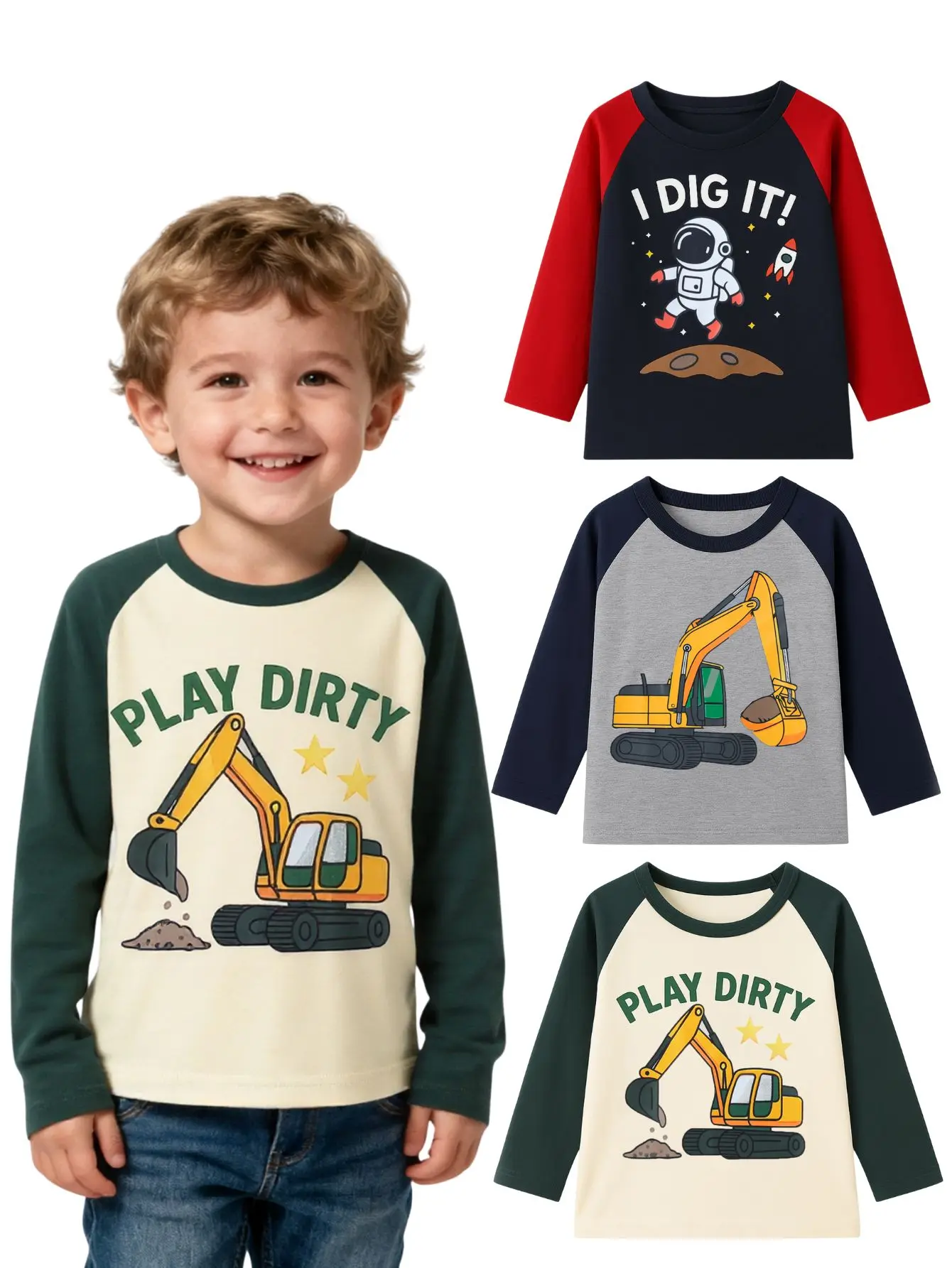 Boys 3-piece long sleeved T-shirt autumn/winter cotton cartoon excavator astronaut pattern top basic T-shirt
Boys 3-piece long sleeved T-shirt autumn/winter cotton cartoon excavator astronaut pattern top basic T-shirt