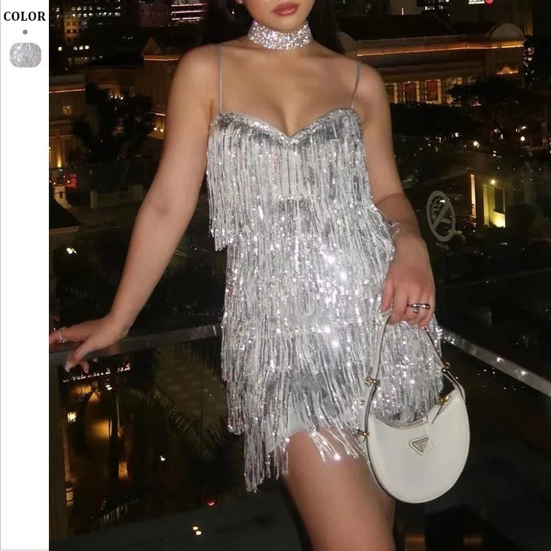 Summer women's evening dress, high-waisted sleeveless camisole dress, sexy sequin glitter tassel dress for elegant party club
Summer women's evening dress, high-waisted sleeveless camisole dress, sexy sequin glitter tassel dress for elegant party club