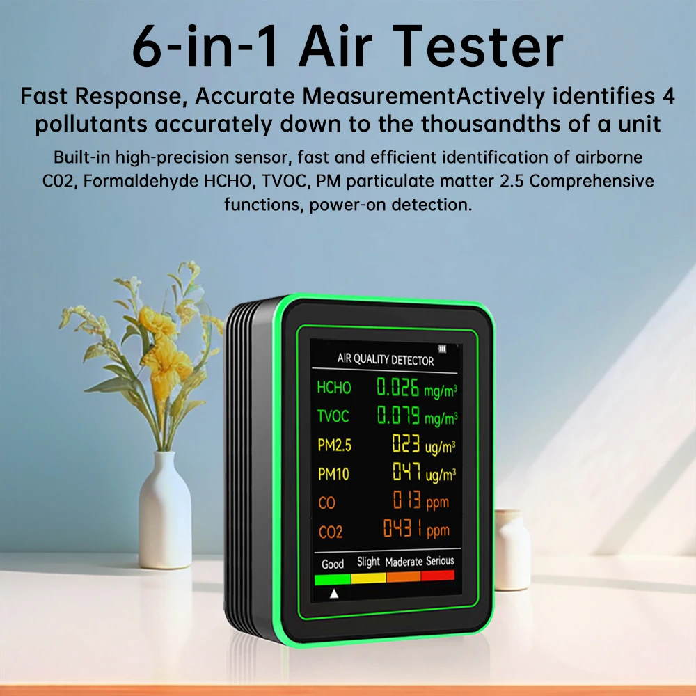 6 in 1 Air Quality Monitor PM2.5 PM10 HCHO TVOC CO CO2 Tester Rechargeable Home Office Air Detector Large Screen Sound Alarm
6 in 1 Air Quality Monitor PM2.5 PM10 HCHO TVOC CO CO2 Tester Rechargeable Home Office Air Detector Large Screen Sound Alarm