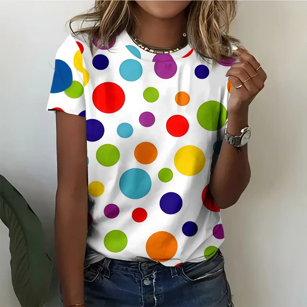 Bold Colored Polka Dot Women's T-shirt Casual Fashionable And Comfortable White Short Sleeve 
Bold Colored Polka Dot Women's T-shirt Casual Fashionable And Comfortable White Short Sleeve