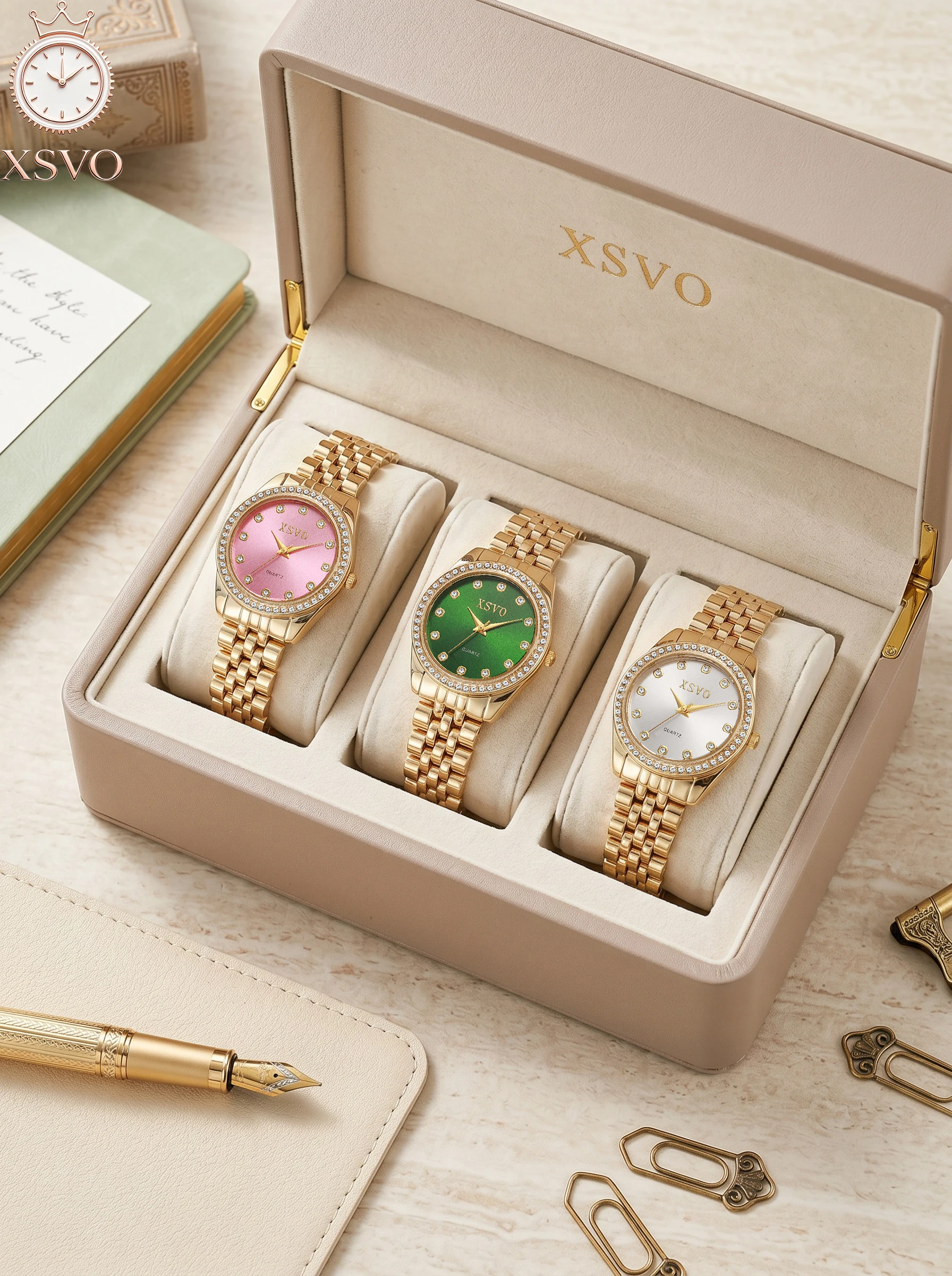 XSVO 3Pcs Teen Crystal Bezel Quartz Watch Set, No Box, Gold Stainless Steel Band Ladies Wristwatch for Back To School, Vacation
XSVO 3Pcs Teen Crystal Bezel Quartz Watch Set, No Box, Gold Stainless Steel Band Ladies Wristwatch for Back To School, Vacation