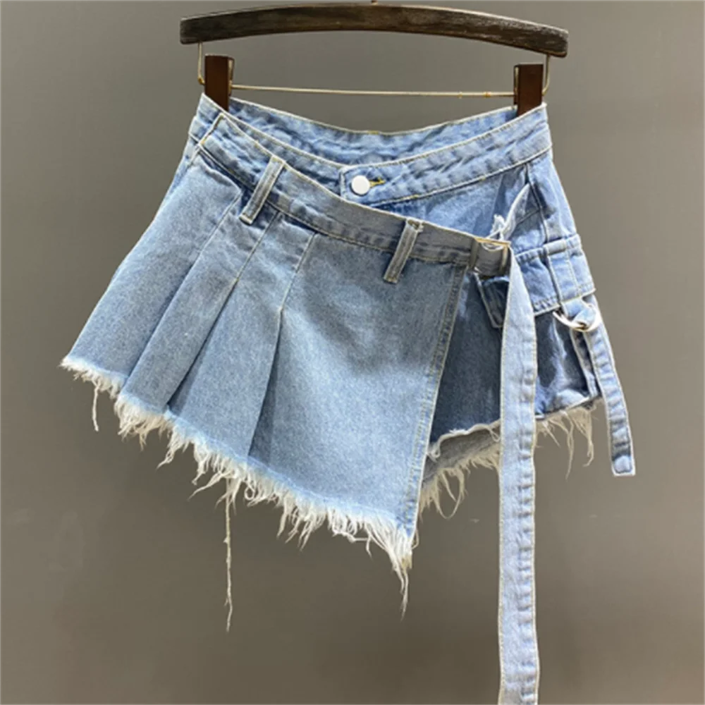 Irregular denim skirt women summer pink pocket high waist thin fake two a line Tassel skirts belt
Irregular denim skirt women summer pink pocket high waist thin fake two a line Tassel skirts belt