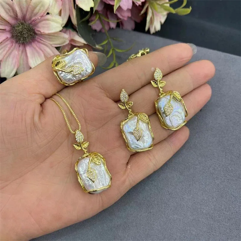 Natural Irregular Baroque Freshwater Pearl Rose Leaf Jewelry Set Women Cubic Zirconia Necklace Ring Earring Women Party Jewelry
Natural Irregular Baroque Freshwater Pearl Rose Leaf Jewelry Set Women Cubic Zirconia Necklace Ring Earring Women Party Jewelry