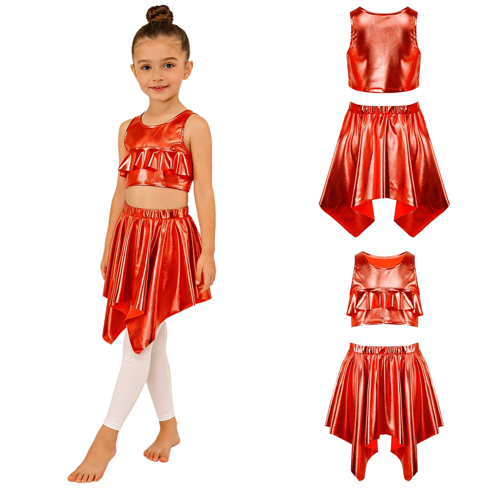 Kids Girls Metallic Jazz Dance Outfits Sleeveless Ruffle Vest with Asymmetrical Tutu Skirt for Cheerleading Chorus Performance
Kids Girls Metallic Jazz Dance Outfits Sleeveless Ruffle Vest with Asymmetrical Tutu Skirt for Cheerleading Chorus Performance