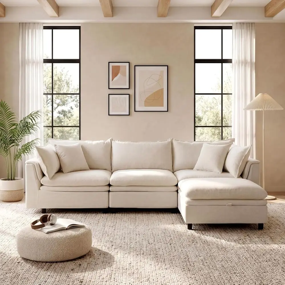 Oversized L-Shaped Cloud Sofa with Storage Ottoman, 4-Seat Convertible Living Room Couch, Beige Chenille Deep Seat Sleeper Sofa
Oversized L-Shaped Cloud Sofa with Storage Ottoman, 4-Seat Convertible Living Room Couch, Beige Chenille Deep Seat Sleeper Sofa