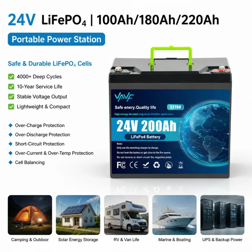 24V 100Ah 180Ah 220Ah LiFePO4 Battery Portable Power Station Solar Storage Built-in BMS for RV Camping Home Emergency
24V 100Ah 180Ah 220Ah LiFePO4 Battery Portable Power Station Solar Storage Built-in BMS for RV Camping Home Emergency