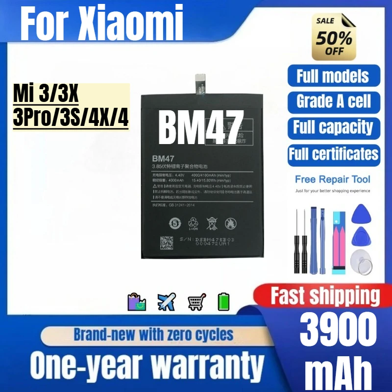BM47 for Xiaomi Mi 3/3X/3Pro/3S/4X/4 Phone Battery 0cycle High Quality High Capacity Replacement Bateria Grade A Cell with Tools
BM47 for Xiaomi Mi 3/3X/3Pro/3S/4X/4 Phone Battery 0cycle High Quality High Capacity Replacement Bateria Grade A Cell with Tools