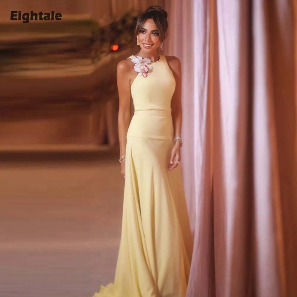 Eightale Arabic Evening Dress Customized O-Neck 3D Flowers Stretchy Satin Yellow Mermaid Prom Wedding Party Gowns
Eightale Arabic Evening Dress Customized O-Neck 3D Flowers Stretchy Satin Yellow Mermaid Prom Wedding Party Gowns