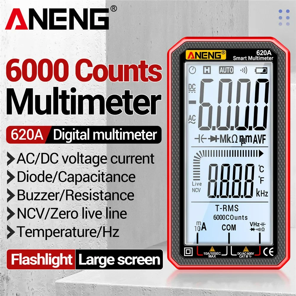 Digital Multimeter ANENG 620A Smart AC/DC Voltage Current Tester Meter 6000 Counts Diode Capacitor Resistance tool electrician
Digital Multimeter ANENG 620A Smart AC/DC Voltage Current Tester Meter 6000 Counts Diode Capacitor Resistance tool electrician