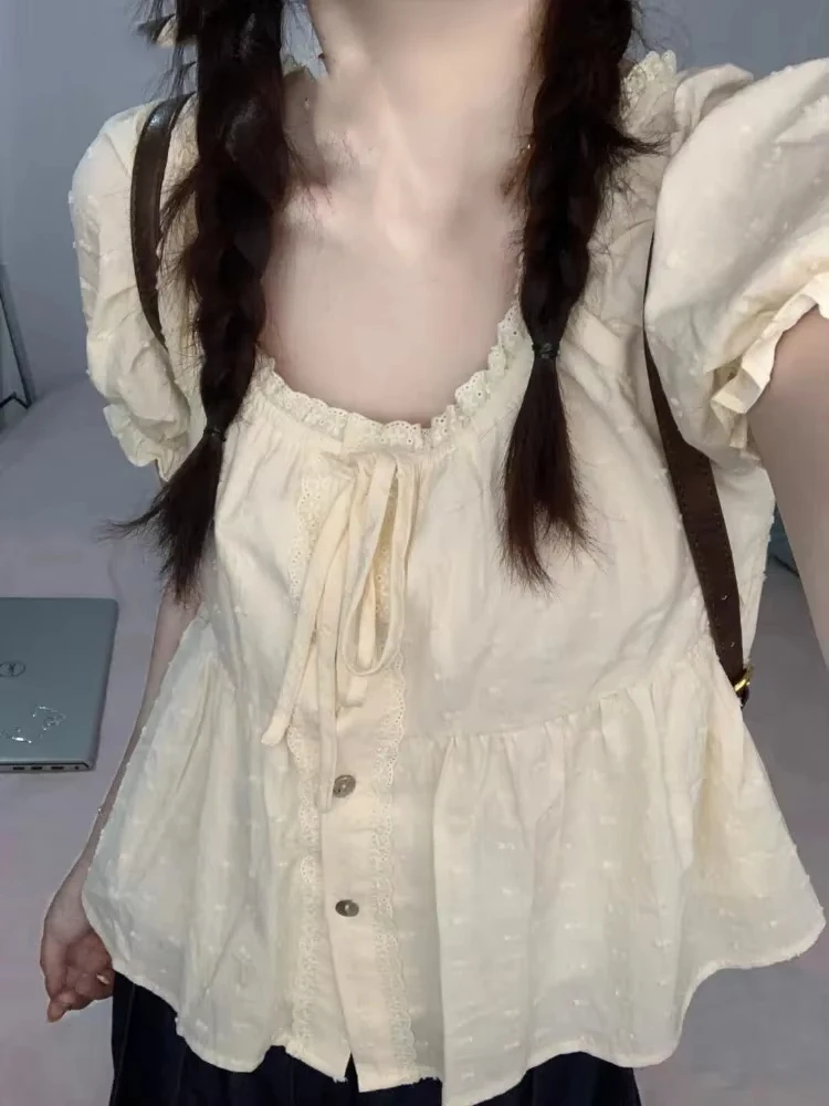 Sweet Bandage Blouse Women Ruffled Harajuku Single Breasted Tops Y2k Aesthetic Suare Collar Grunge Blusas Streetwear De Mujer
Sweet Bandage Blouse Women Ruffled Harajuku Single Breasted Tops Y2k Aesthetic Suare Collar Grunge Blusas Streetwear De Mujer