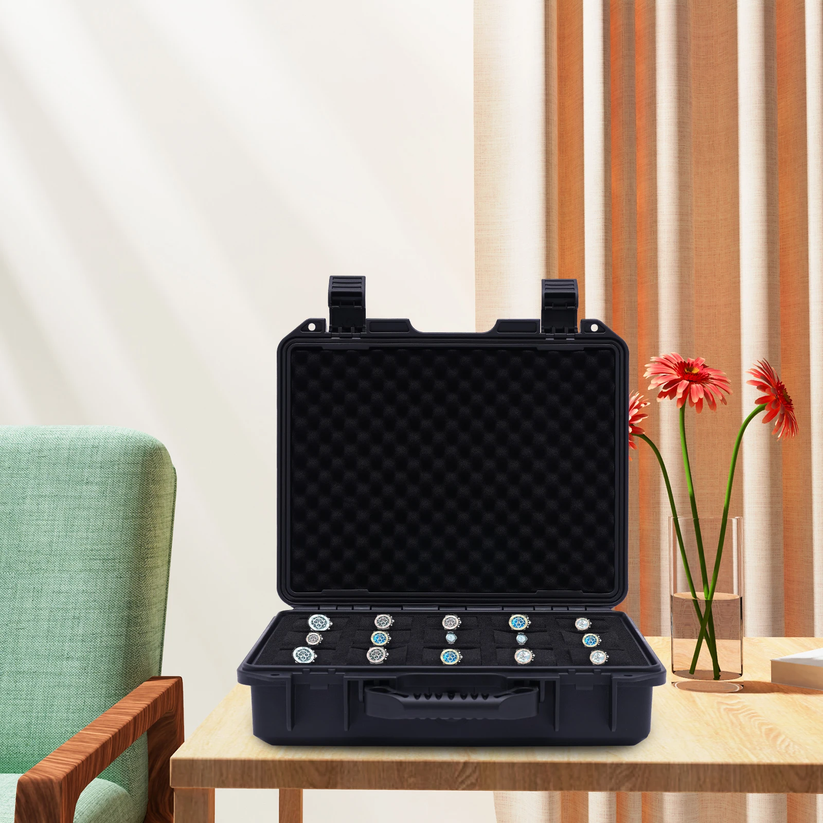 Black PP Material 35.9*30.5*9.9cm 15 Waterproof Watch Box with Lock Seal Portable Watch Box Dustproof and Shockproof Watch Box.
Black PP Material 35.9*30.5*9.9cm 15 Waterproof Watch Box with Lock Seal Portable Watch Box Dustproof and Shockproof Watch Box.